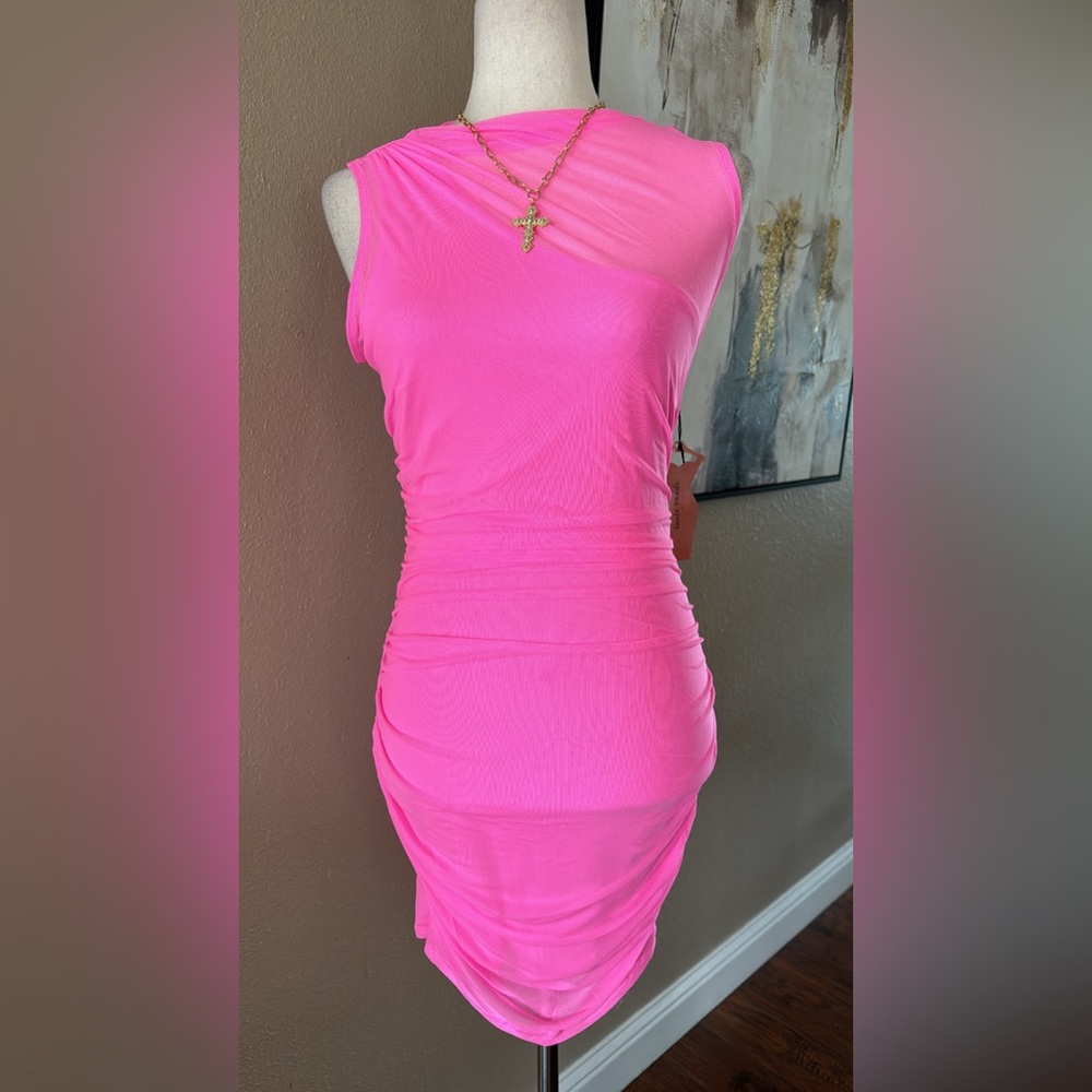 Vibrant Pink Sleeveless Mesh Mini Dress